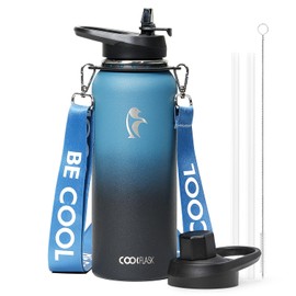 Coolflask Insulated Water Bottle with Strap, 40 oz Metal Water Flask with Straw & Spout Lids, Stainless Steel Double Wall Vacuum, Keep Cold 48h Hot 24h, Leak Proof & Non-BPA, Prussian Blue