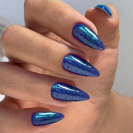 Royal Blue Glitter Press on Nails Medium Almond Shape,KQueenest Iridescent Shimmer Acrylic Fake Nails with Salon UV Finish,Sparkling Gel Nails Press ons,Glossy Flash Glue on Nails for Manicure in24PCS