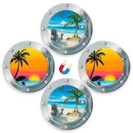 4Pcs Cruise Door Magnets,Porthole Cruise Ship Door Decorations with Sea Beaches Trees Summer Style Scenery Cruise Magnets for for Door, Fridge, Car, Carnival, Cruise Ship Decor