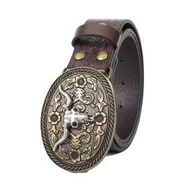 UTOWO Vintage Western Leather Buckle Belt Cowboy-Cowgirl Longhorn-Bull-Pattern-Engraved-Buckle-Belt for Unisex