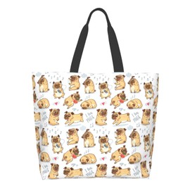 Qwalnely Tote Bag Beach Canvas Bag Travel Reusable Grocery Shopping Bag Pug Gifts for Pug Lover (Pug)