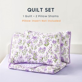Wake In Cloud - Floral Quilt Set, Coquette Cottagecore Shabby Chic Flower for Women Teen Girls, Reversible Lightweight Bedspread Coverlet, 3 Pieces, Purple White, Twin/Twin XL Size