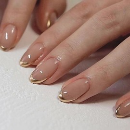 Pack of 24 Stick-On Nails Medium Almond, Nude Natural French Press on Nails Gold Edge Artificial Fingernails for Gluing, Acrylic Artificial Nails, Fake Nails, Reusable False Nails for Women
