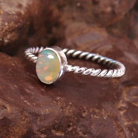 JEWELSTREZORO Opal Edelstein 925 Sterling Silber Band Ring Herren & Damen Geschenkartikel Handgefertigter Schmuck TSR332BE_6 (52 (16.6))