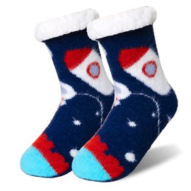 AMENLAN Kids Boys Fuzzy Slipper Socks Winter Soft Warm Thick Fleece Lined Plush Children Non Slip Home Socks (Deep Blue#04, 4-7 Years)