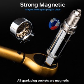YIYEIE 10PCS Full Magnetic Spark Plug Socket Set with 3/8" Drive Torque Wrench (5-50 FT.LB/6.8-67.8Nm), Swivel Magnetic Spark Plug Removal Kit Includes 14, 16, 18mm& 9/16, 5/8, 3/4, 13/16 Inch Sockets