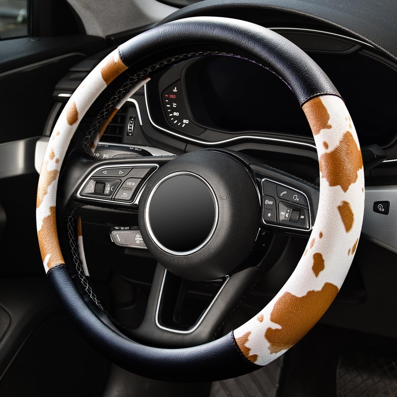 Cow Print Car Steering Wheel Covers, Breathable Microfiber Leather for
