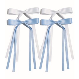 4pcs Hair Accessories for Women, Tassel Ribbon Bowknot Long Hair Barrettes with Long Tail, Solid Claw Clips with Bow (White Light Blue)