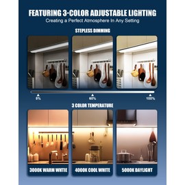 TheDeco LED Under Cabinet Lighting Plug in, 3 Color Setting 3000K 4000K 5000K with Stepless Dimmable, Hardwired Under Counter Lights with Cord for Linkable,144LED CRI93, White Kitchen Light
