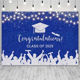 AIBIIN Graduation Backdrop Blue and Silver Congratulations Class of 2025 Photography Background Graduation Party Decorations Photo Banner, 8x6ft