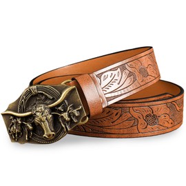 Vellivar Cowboy Belt Western Buckle Belts for Men Brown Belt Women Mens Belts Leather for Jeans Vintage Bull Head Cowboy Belt 110cm/43.3in