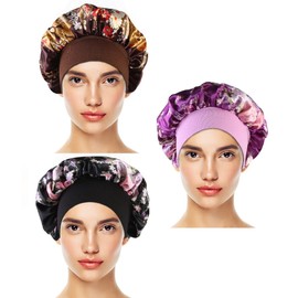 Yolispa Gorro de Satén, 3 Piezas Gorro de Seda para Dormir, Ajustable Gorro de Ducha Satinado, Gorro de Satin para Cabello Rizado para Dormir, Bañarse & Cocinando