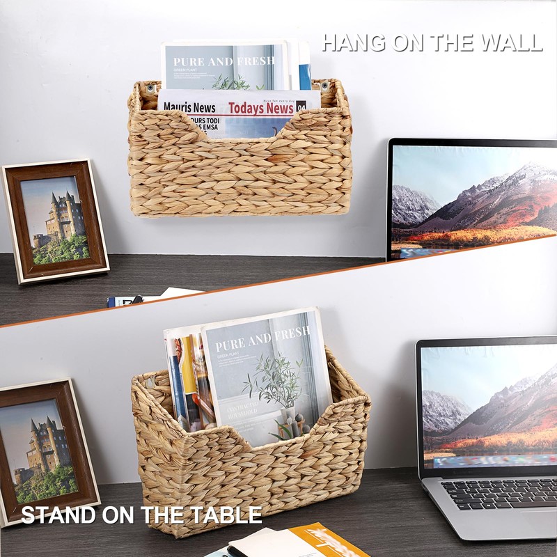 BTSKY Woven Hanging Magazine Holder, Water Hyacinth Magazine Basket, Wall
