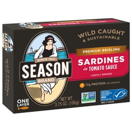 Season Brisling Sardines in Tomato Sauce - Wild Caught, 17g of Protein, Keto Snacks, More Omega 3's Than Tuna, Kosher, High in Calcium, Canned Sardines, One Layer - 3.75 Oz Tins, 6-Pack