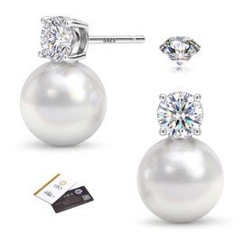 LOLIAS Moissanite Pearl Earrings for Women - 925 Sterling Silver Stud Earring - Hypoallergenic White Pearl Drop Earring Prom Wedding Bridal Earring Stud 5MM Moissanite Jewelry Gift