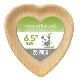 Koala love Palm Leaf Heart Shaped Bowls 6.5'' Bamboo Disposable Heart Dessert Plates Compostable Biodegradable 25 Piece Party pack For Catering, Charcuterie, Parties and Rabbits