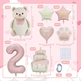 Panouo 8-Pack Matte Bear Party Balloons, Pink Foil Balloons, 2-Year-Old Girl Birthday Party Decorations, Bear Theme Party Decorations, Birthday Party Decorations (2)