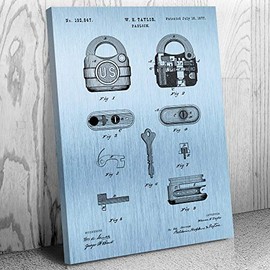 Padlock Canvas Print, Locksmith Gift, Workshop Decor, Engineering Gifts, Padlock Blueprint, Locking Picking Gift Blue Steel (8 inch x 10 inch)
