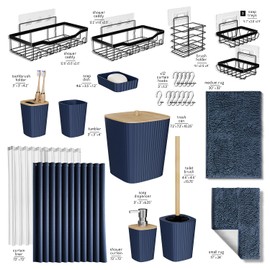 Bathroom Accessories Set with Shower Caddy and Bath Rugs, 27PC Bathroom Accessory Set with Shower Caddies Navy Bath Rugs, Shower Curtain Set, Toilet Brush, Trash Can, Soap Dispenser, Toothbrush holder