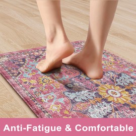 KIMODE Anti Fatigue Kitchen Mat, Cushioned Boho Kitchen Rugs Sets of 2, Non Slip Farmhouse Kitchen Mat for Floor, Waterproof Standing Desk Mat for Laundry, Office, Sink Fuchsia/Multi 17"x59"+17"x29"