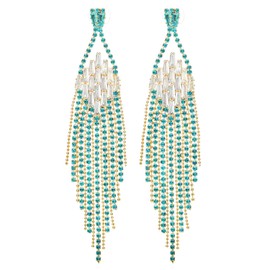 Long Tassel Dangle Statement Earrings Party, Rhinestone Pave Cluster Chain, White and Teal Green(CA)