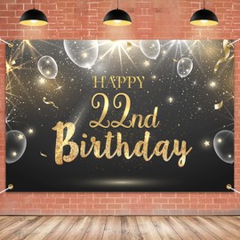 HAMIGAR 6x4ft Happy 22nd Birthday Giltter Shinning Banner Backdrop - 22 Years Old Birthday Decorations Party Supplies for Women Men - Black Gold