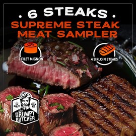Grumpy Butcher 6 Steaks Supreme Sampler Gift Box: 4 Top Sirloin & 2 Large Filet Mignon - Premium Steak Meat Food Gifts Basket Meat Packages