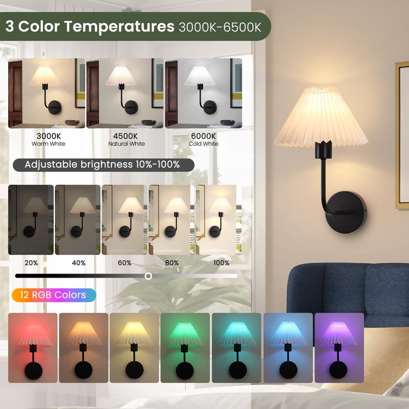 Rechargeable Battery Operated Wall Sconces Sets of 2, 15 Colors