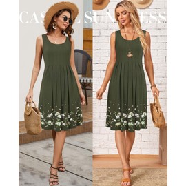 KILIG Summer Dresses for Women 2025 Sundress Casual Loose Print Pleated Sleeveless Midi Vest Dresses for Beach Wedding Party(Army,L)