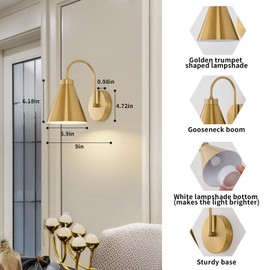 Powfloven Vintage Cordless Gooseneck Battery Operated Wall Sconces Set of 2, Gold Bedside Battery Powered Wall Decor Lamps with Remote Control, Wireless Indoor LED Lights Fixture for Bedroom Hallway
