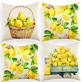 Ogiselestyle Watercolor Lemons Throw Pillow Covers, 18 x 18 Inch Yellow Summer Lemon Cushion Case for Sofa Couch Set of 4