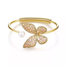 ZARD Butterfly Pearl Open Cuff Bracelet Bangle Pink CZ Accents in 18K Gold Plate