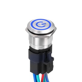 DMiotech 7/8 Inch Stainless Steel Latching Push Button Switch Flat Head 15A 12-24V Silver Shell 6 Pin with Cable Socket Blue Switch LED 1NO1NC for Car Boat Systems Custom Setups
