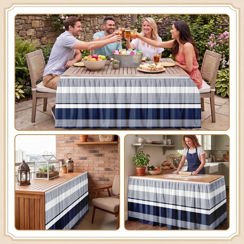 Sanwarm Striped Navy Nautical Table Skirt for Desk Rectangular Tablecloth