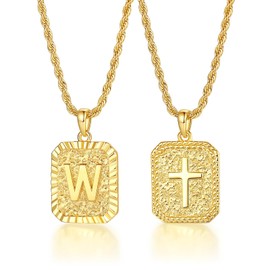 ASUWISH Gold Initial Necklaces for Men and Women, 18K Gold Plated Letter A-Z Cross Pendant with Adjustable Rope Chain, Letter Necklace for Women and Men (W, Gold)