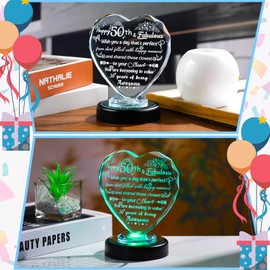 Arikyrist Crystal 50th Happy Birthday Gifts for Women Heart Keepsake for Mum Sisters Friends 50 Years Old with Colorful Light Base Speical 50th Birthday Ornament Presents for Female