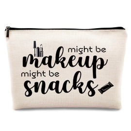 kdqua Novelty Cute Makeup Bag, Funny Quotes Might Be Makeup Might Be Snacks Linen Cosmetic Bag Zipper Pouch Travel Organizer Toiletry Bag, Humor Gift for Woman, Female Friend Birthday Gift Ideas