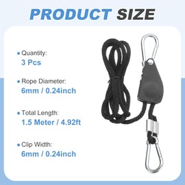 uxcell 3 Pairs 1/4" Adjustable Rope Hanger, 4.92ft(1.5 Meter) Heavy Duty Ratchet Tie Down Strap with Rope Clip Hanger for Hanging Plants, Grow Light and Various Tie-Down Uses, Black