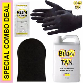 Bikini Tan Best Spray Tan Solution - LIGHT - 16 oz + Sunless Tanning Self Tanner Lotion Tan