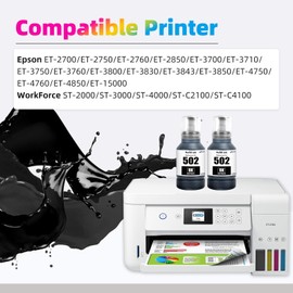 EXCERCUS T502 502 Ink Refill Bottles Compatible for Ecotank ET2760 ET-4760 ET2750 ET-3760 ET-2850 ET-15000 ST-4000 ST-2000 ET-3710 ET-3850 ET-3750 ET-4850 ET-3830 ET4750 ET2700 Printers (2BK)