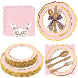 168 PCS Pink and White Disposable Paper Plates Set for 24 Guests, Includes 24 Dinner Plates, 24 Dessert Plates, 48 Napkins, 24 Forks, 24 Knives, 24 Spoons – Perfect for Party, Wedding, Baby Shower