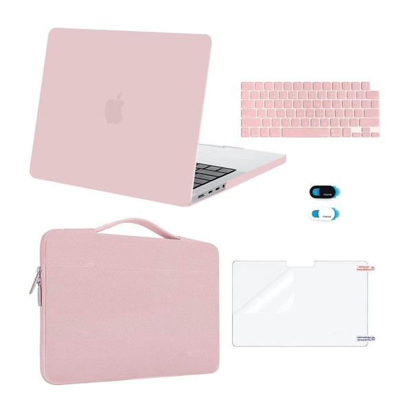 MOSISO Compatible with MacBook Pro 14 inch Case 2023 2022 2021 Release M2 A2779 A2442 M1 Pro/Max Chip Touch ID, Plastic Hard Case&Sleeve Bag&Keyboard Skin&Webcam Cover&Screen Protector, Rose Quartz