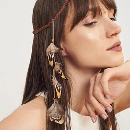 Yean Boho Feather Headband Brown Headpiece Gyspy Indian Head Chain Feather Headpiece Jewelry Accessories Carnival Party for Women and Girls