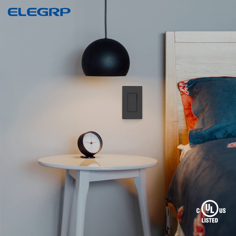 ELEGRP Matte Black Single Pole Decorator Light Switch, 15Amp, 120-277V,