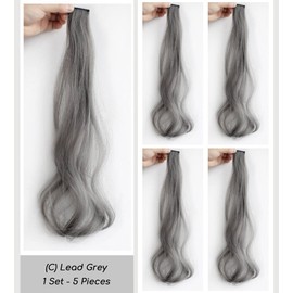 5 Pieces Natural Wave Highlight Clip In Hair Extensions, Natural Color Upgraded Synthetic Pantone Ash Grey Pink Blue Greeb Mauve Blonde Colors (C - Lead Grey)