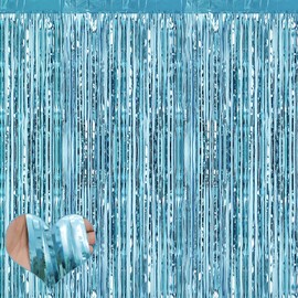 4 Pack Light Blue Fringe Curtain Backdrop, 3.2Ft x 6.6Ft Metallic Tinsel Foil Fringe Streamers Curtains Background for Photo Booth Birthday Wedding Baby Shower Party Thanksgiving Christmas Decorations