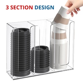 KOTEMON Acrylic Cup and Lid Holder, 3 Compartment, Disposable Coffee Cup Dispenser Cup Storage Organizer, Clear