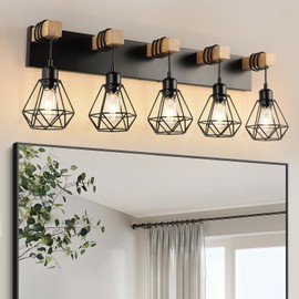 Farmhouse Bathroom Vanity Light Fixtures, 5-Light Bathroom Light Fixtures Over Mirror, Rustic Wood Wall Sconces with Metal Cage Lampshade, Wall Lighting for Living Room, Bedroom, Hallway