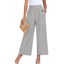 Anyally Womens Loose Wide Leg Pants Business Casual Elastic Waisted Palazzo Harem Pants with Pockets Work Trousers, M Light Grey