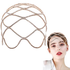 GORGECRAFT Rhinestone Beaded Caps Headpieces Vintage Crystal Head Chain Wedding Bridal Flapper Bling Headband 20s Layered Hair Jewelry Light Gold Boho Hair Accessories for Women Party Prom Costume